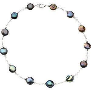 Sterling Silver 12-13 mm Cultured Black Freshwater Pearl Coin 18" Necklace