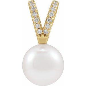 14K Yellow Cultured White Akoya Pearl & Natural Diamond Pendant - Whitestone Jewellery