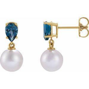 14K Yellow Cultured White Akoya Pearl & Natural London Blue Topaz Earrings - Whitestone Jewellery