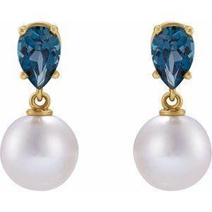 14K Yellow Cultured White Akoya Pearl & Natural London Blue Topaz Earrings - Whitestone Jewellery