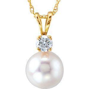 14K Yellow Cultured White Akoya Pearl & Diamond 18" Necklace