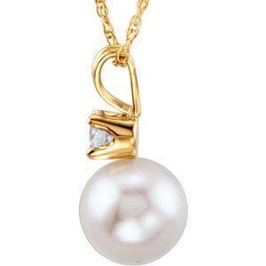 14K Yellow Cultured White Akoya Pearl & Diamond 18" Necklace