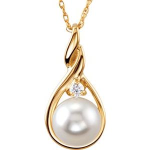 14K Yellow Cultured White Akoya Pearl &  Natural Diamond 18" Necklace