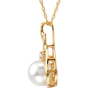 14K Yellow Cultured White Akoya Pearl &  Natural Diamond 18" Necklace