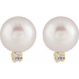 14K Yellow Cultured White Akoya Pearl & Natural Diamond Earrings