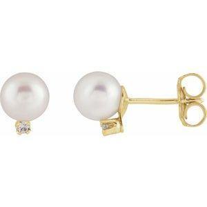 14K Yellow Cultured White Akoya Pearl & Natural Diamond Earrings