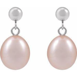 White Gold Pink Freshwater Pearl Drop Earrings