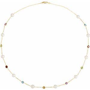 14K Yellow Cultured White Freshwater Pearl & Multi-Gemstone 10-Station 18" Necklace - Whitestone Jewellery