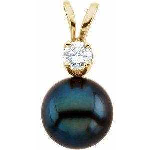 14K Yellow Cultured Black Akoya Pearl & Diamond Pendant