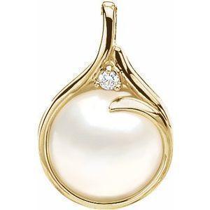 14K Yellow 15 mm Cultured White Mabé Pearl & Diamond Pendant.