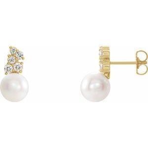 14K Yellow Cultured White Freshwater Pearl & Natural Diamond Earrings - Whitestone Jewellery