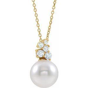 14K Yellow Cultured White Freshwater Pearl & Diamond 16-18" Necklace