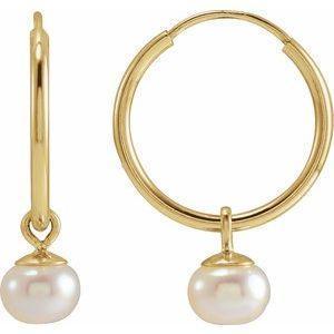 14K Yellow Cultured White Freshwater Pearl 12mm Endless Hoop Earrings.