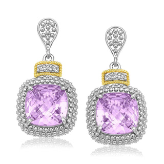 18k Yellow Gold & Sterling Silver Cushion Amethyst & Diamond Earrings (.05cttw)