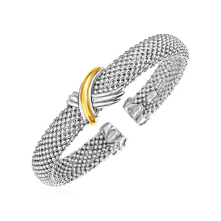 Popcorn Texture Cuff Bangle with X Motif in Sterling Silver and 18k Yellow Gold (10.00 mm)