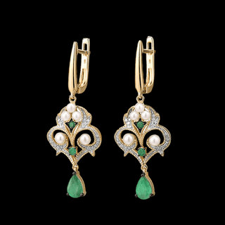 Gold Drop Diamond Emerald Earrings