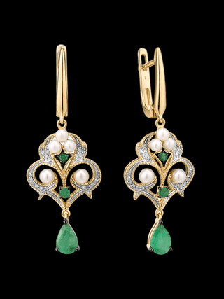 Gold Emerald FreshWater Pearl & Diamond Earrings