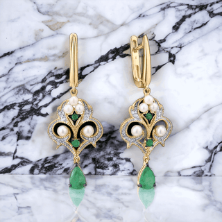 Gold Emerald FreshWater Pearl & Diamond Earrings