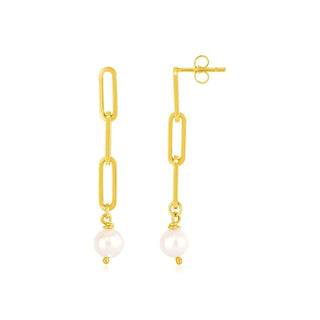 14k Yellow Gold Paperclip Chain Link Earrings with Pearls - Whitestone Jewellery