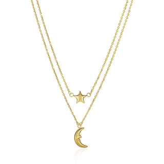 14k Yellow Gold Double-Strand Chain Necklace with Puff Moon and Star - Whitestone Jewellery