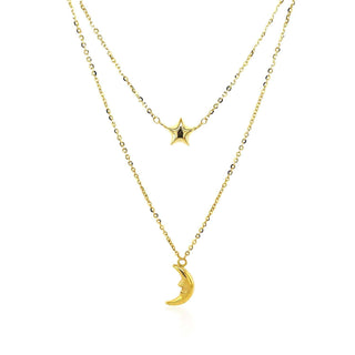 14k Yellow Gold Double-Strand Chain Necklace with Puff Moon and Star - Whitestone Jewellery