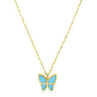 14k Yellow Gold High Polish Butterfly Turquoise Paste Necklace - Whitestone Jewellery