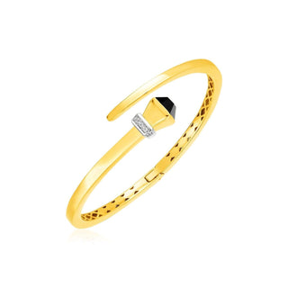 14k Yellow Gold Crossover Style Hinged Bangle Bracelet with Onyx and Diamonds - Whitestone Jewellery