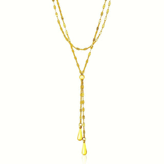 14k Yellow Gold Double Strand Chain with Puffed Heart Lariat Necklace - Whitestone Jewellery